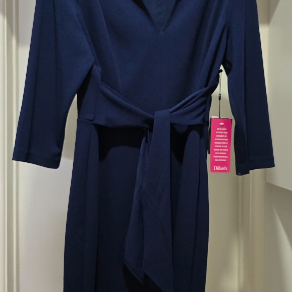 Adrianna Papell Navy, Tie-Waist 3/4 Sleeve, Midi, Sheath Dress Size 14 - Picture 9 of 15